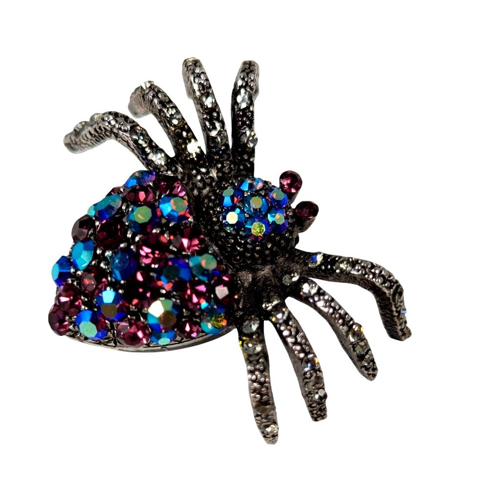 Vintage Style Iridescent Rhinestone Spider Brooch - Aurora Borealis Gothic Pin